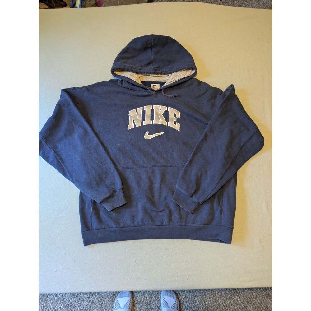 Vintage 90s Nike White Tag Center Swoosh Spellout Hoodie XXL Navy Blue